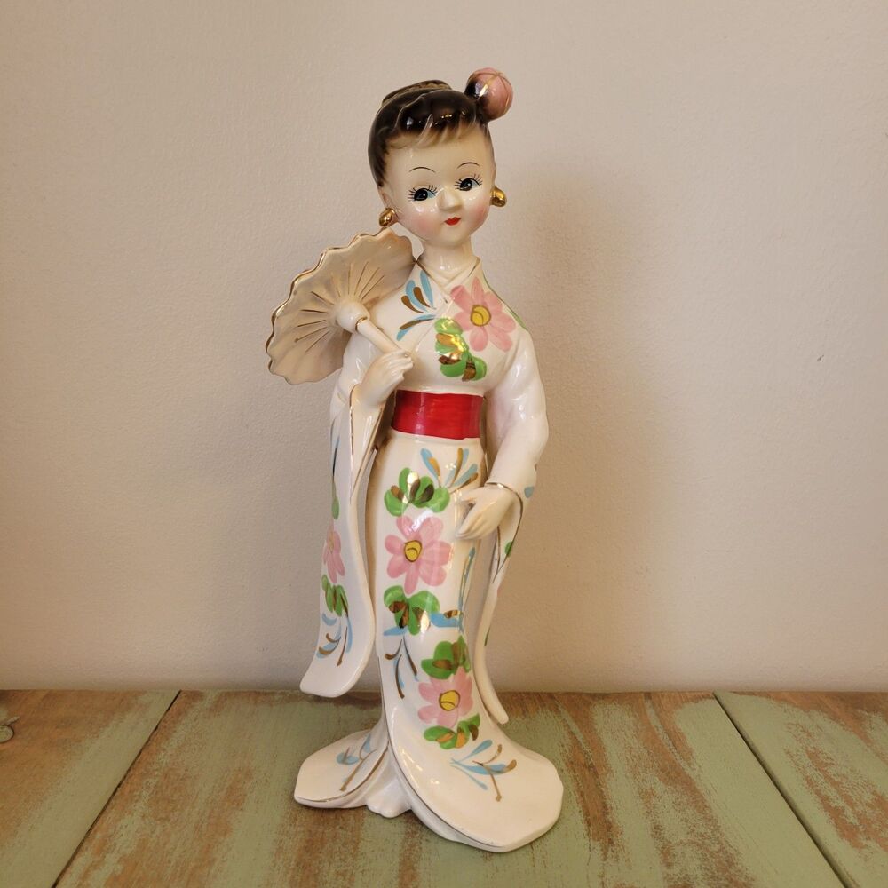 Beautiful Japanese Lady Ceramic Figurine • Pink Parasol • Floral Kimono